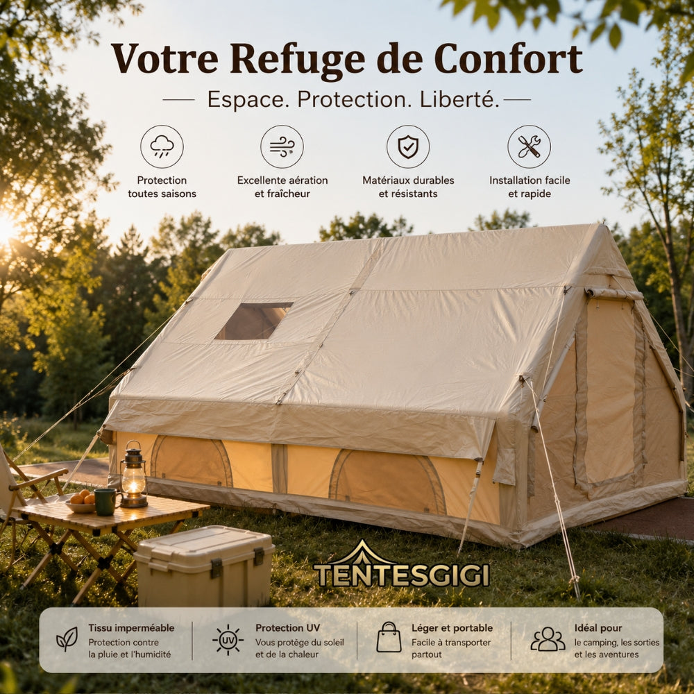 Tente Gonflable XXL 12 m² | Aves aération |  Sortie Cheminée | Oxford 420D 4 Saisons